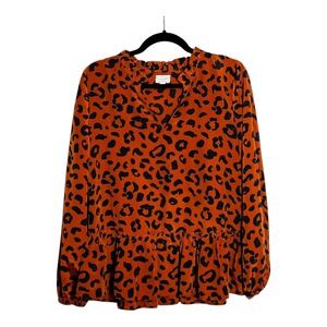 Mud Pie Womens Small Orange Black Leopard Print Ruffle Peplum Blouse Long Sleeve